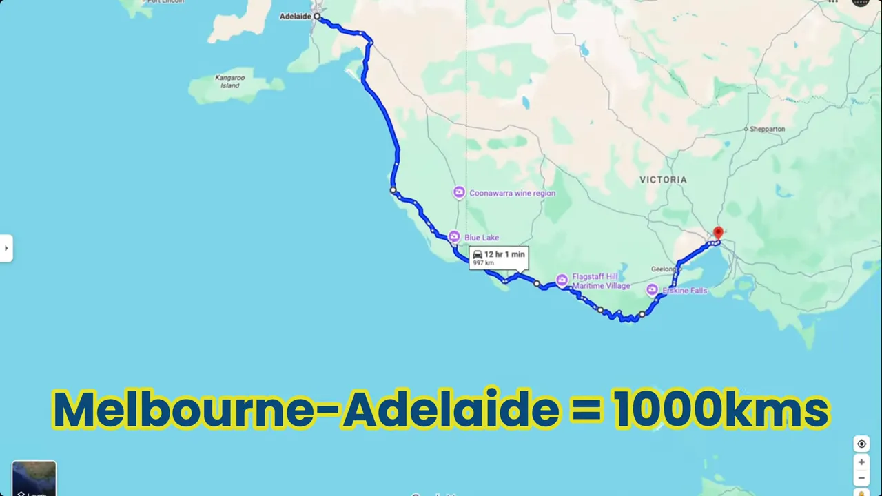 Map example showing Melbourne to Adelaide distance