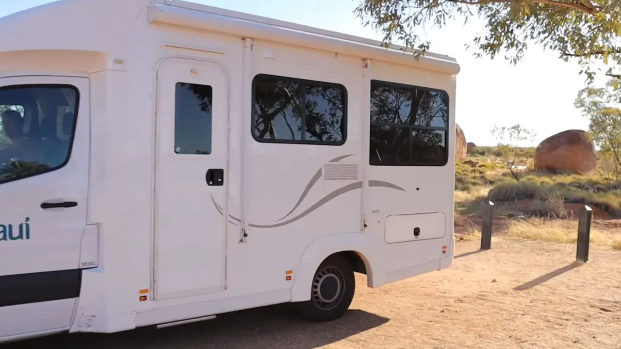 Campground facilities and motorhome at a motorpark