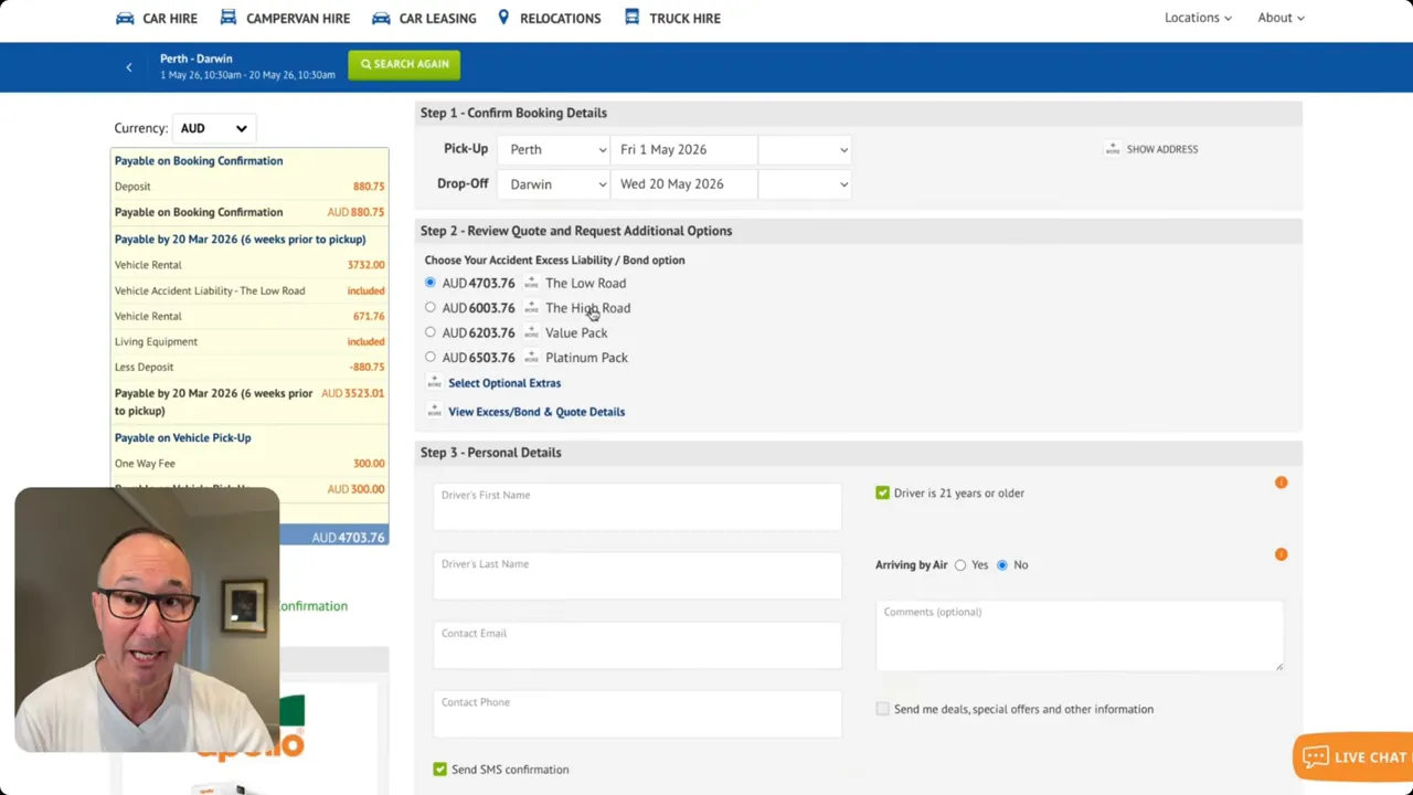 Booking page showing insurance and platinum pack options