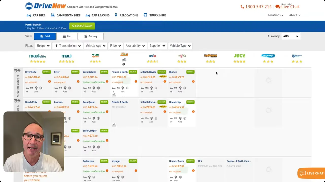 Drive comparison site showing campervan and motorhome options