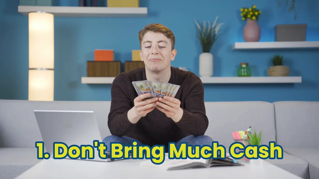 person sitting on a couch counting paper money with laptop, overlaid text don't bring much cash