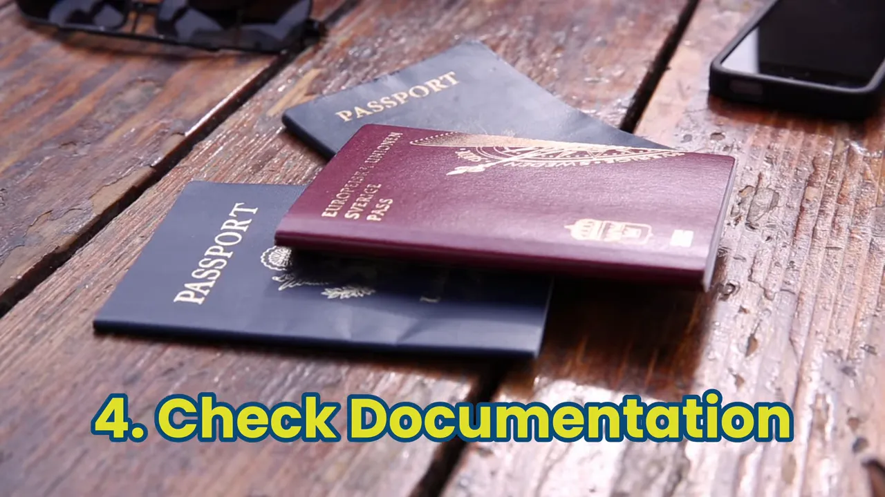 stack of passports on a wooden table next to a phone with on-screen text '4. Check Documentation'.