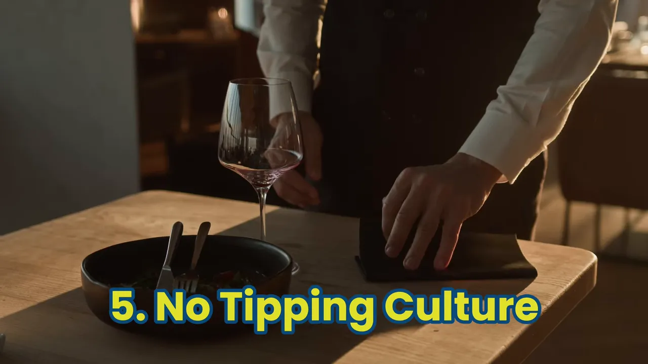 Waiter placing a bill on a table with a wine glass and on-screen text saying 'No Tipping Culture'