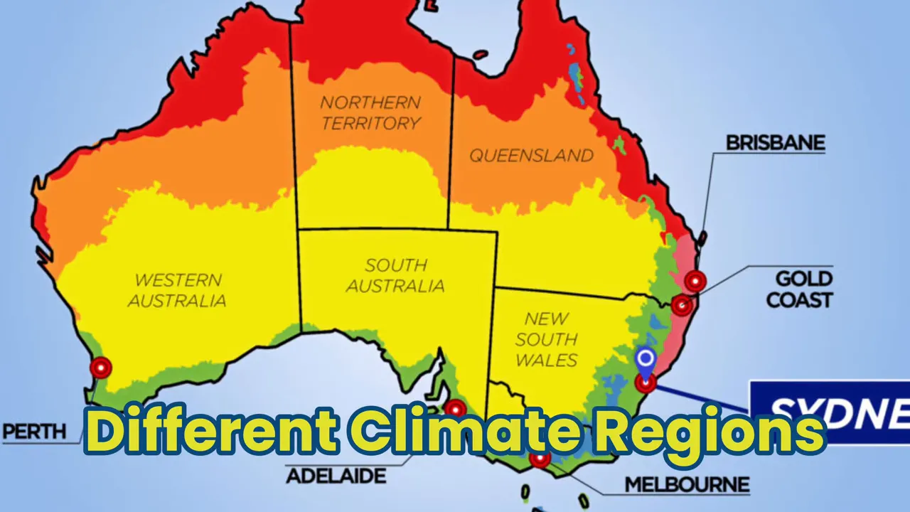 Map of Australia showing different climate regions and major cities